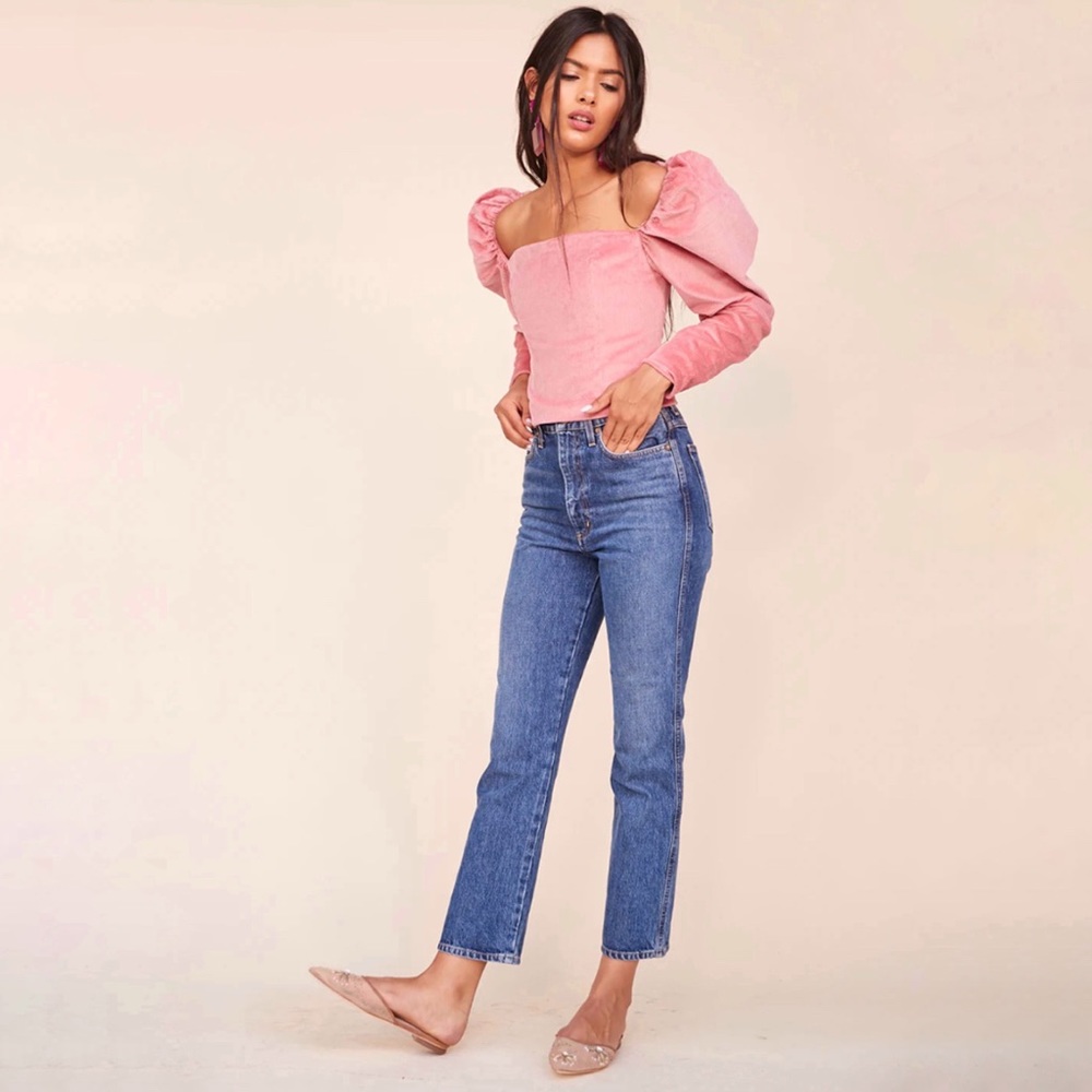 LPA pink Corduroy Zip Up Bustier long puffy puff sleeve square neck top - Picture 4 of 15
